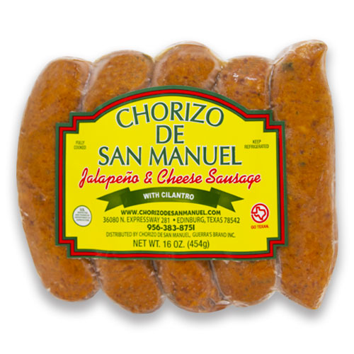 Stuffed jalapeño and cheese sausage from Chorizo de San Manuel on white background.