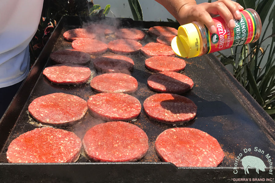 Chorizo beef patties grilling on the skillet