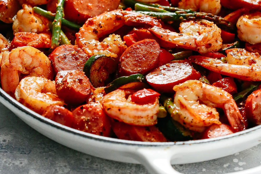 Shrimp and Cilantro Sausage Vegetable Skillet