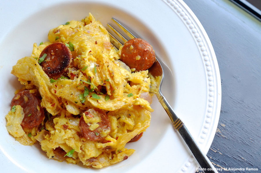 Potato Chip Scrambled Eggs with Cilantro Sausage