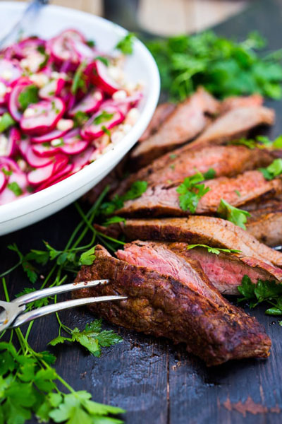 This grilled fajita with corn and radish salad is full of flavor! For the fajita portion, we’ll be substituting in our marinated beef fajitas. 