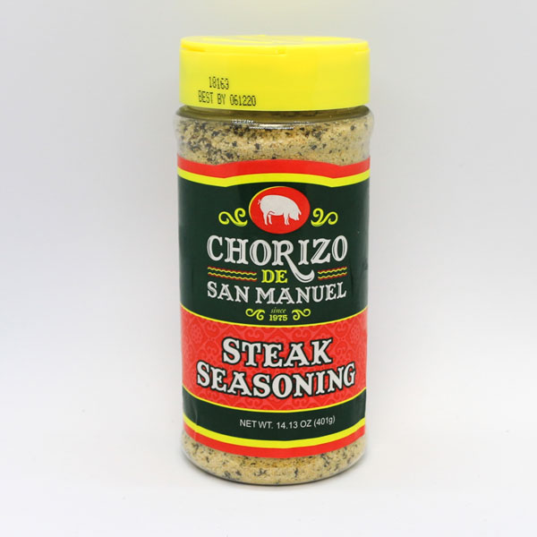 Canister of steak seasoning for the best prime steaks from the Chorizo de San Manuel Company.