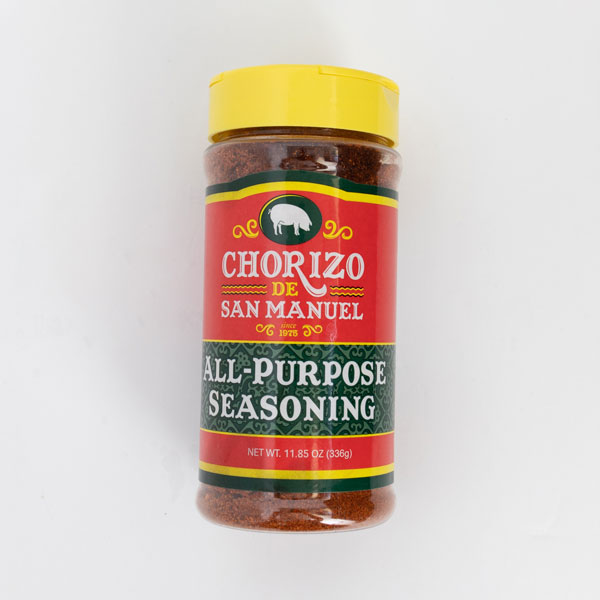 Canister of all-purpose seasoning for the best beef fajitas from Chorizo de san manual company.
