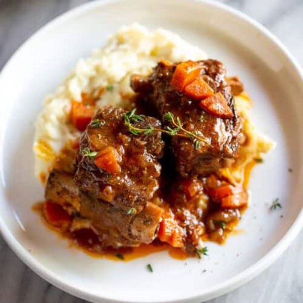 White presentation platter of prime steaks cooked with savory red wine on top of mashed potatoes.