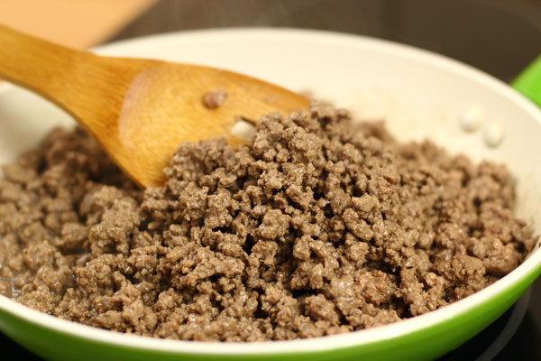Ceramic pot of ground beef from Mexican Chorizo de San Manuel.