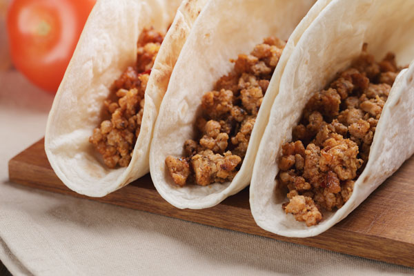 taco shells filled with prime beef products from Chorizo de San Manuel.