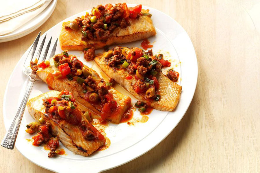 Serve Your Surf: Grilled Salmon with Texas Brand Mexican Chorizo Sauce 1 Grilled Salmon with Texas Brand Mexican Chorizo